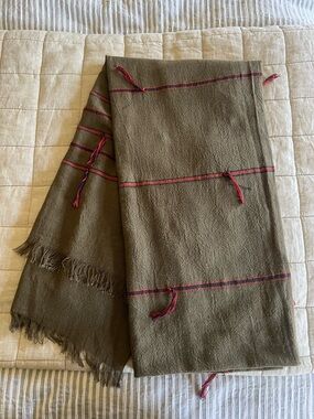 Madewell Cotton Olive Woven Fringe Scarf Wrap with Red and Navy Accent Stripes